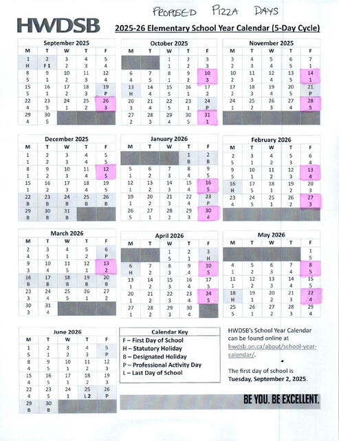 Calendar with highlighted Pizza Days